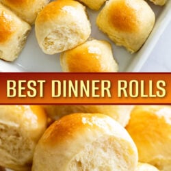 A collage of Dinner Rolls in a baking dish and stacked on a plate.