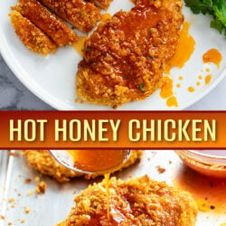 A collage of hot honey chicken on a white plate and on a baking sheet.