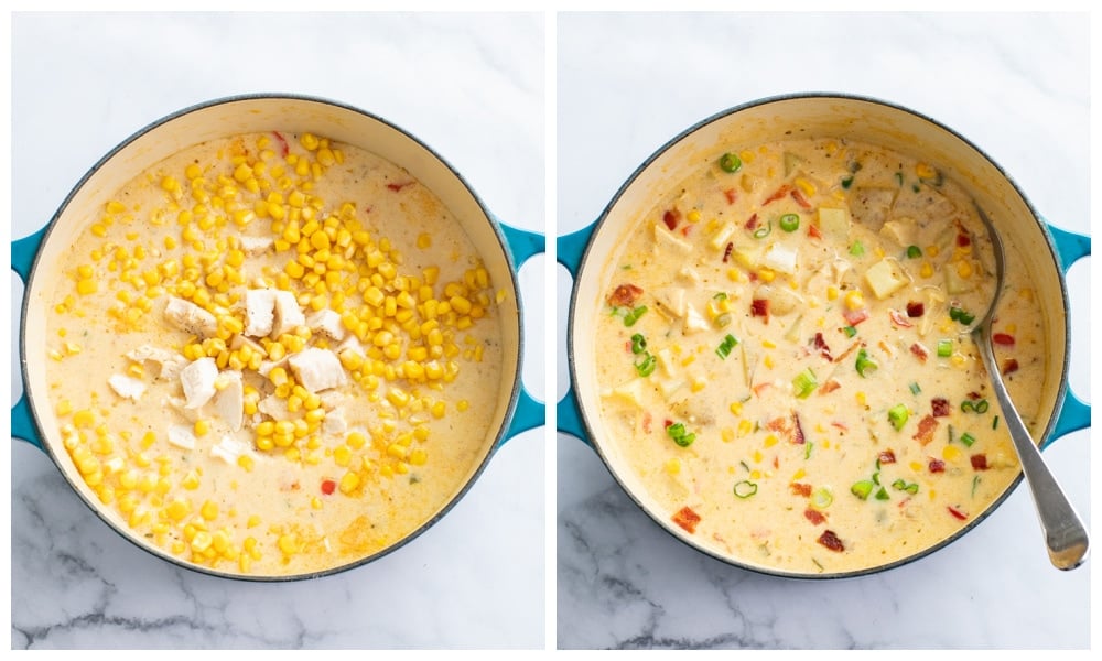 Adding corn and chicken to a soup pot to make Chicken Corn Chowder.