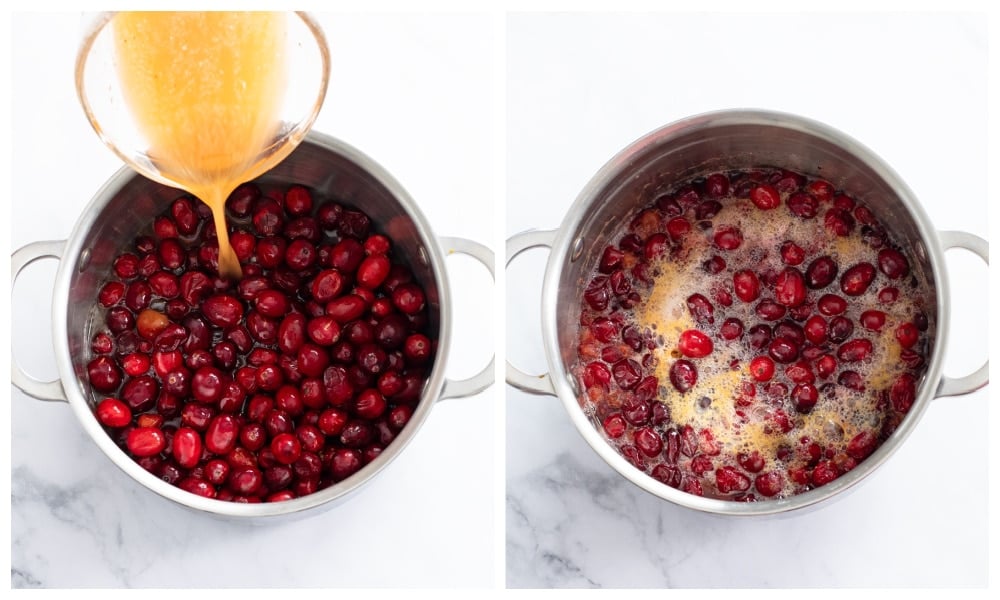 Adding orange juice and other ingredients to a pot of cranberries and bringing to a boil to make cranberry sauce.