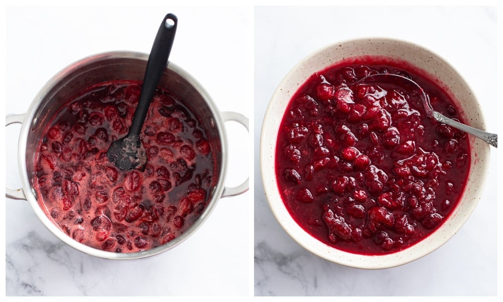 A pot of simmering cranberries next to a bowl of Cranberry Sauce.