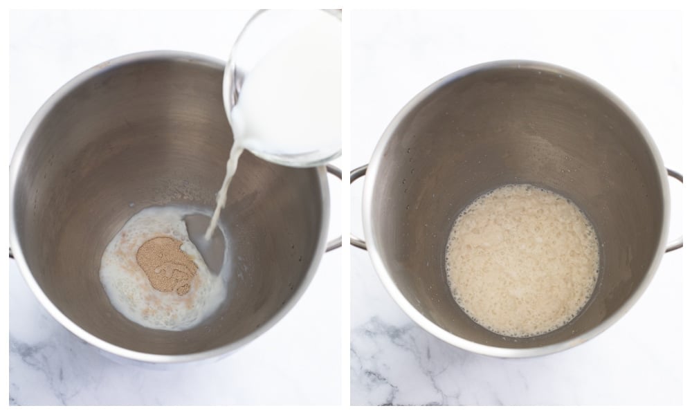 Activating yeast in a mixing bowl with warm milk, yeast, and honey.