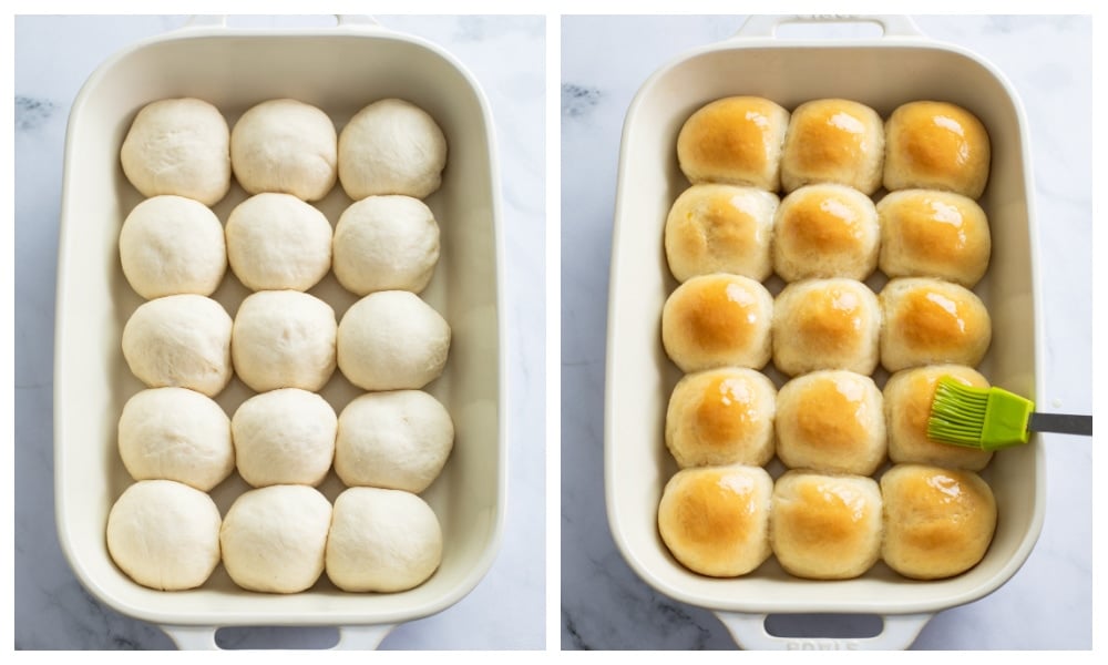 Dinner Rolls in a baking dish before and after being baked.