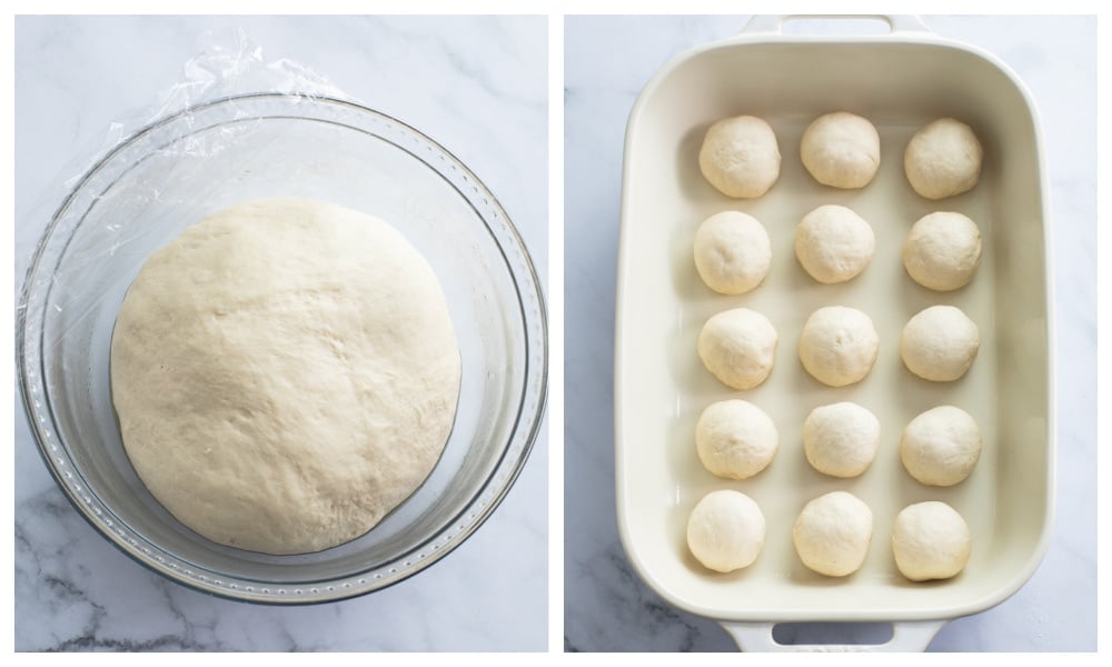 A ball of dough in a bowl next to a baking dish with balls of uncooked dinner rolls.