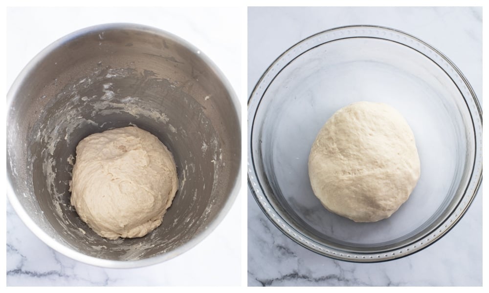 A ball of dough in a mixing bowl next to a glass bowl with a call of dough.