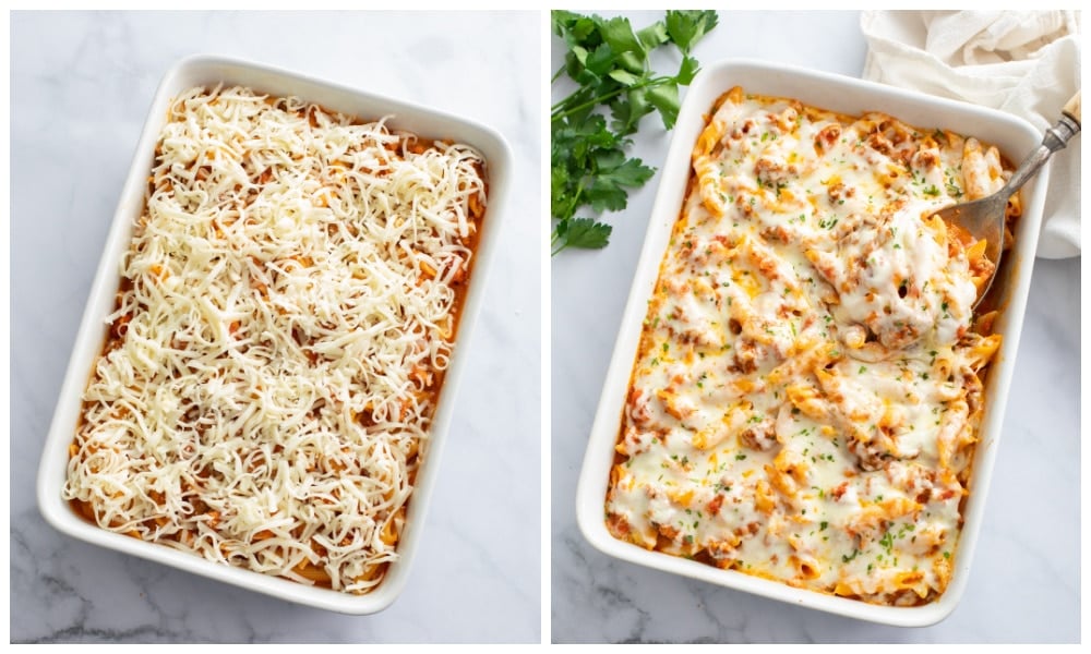 Ground Beef Casserole in a white baking dish before and after cooking.