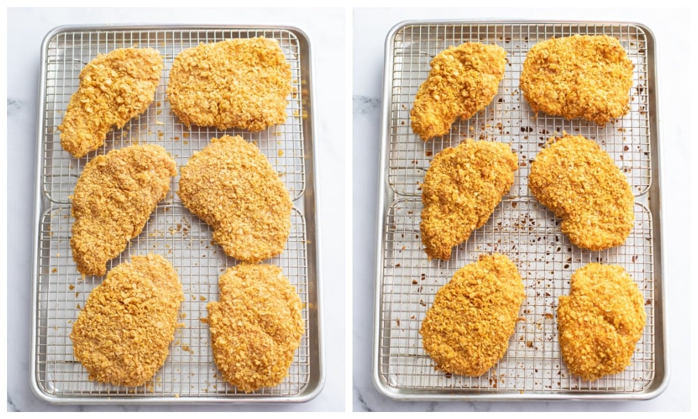 Crispy Hot Honey Chicken on baking racks before and after being baked.