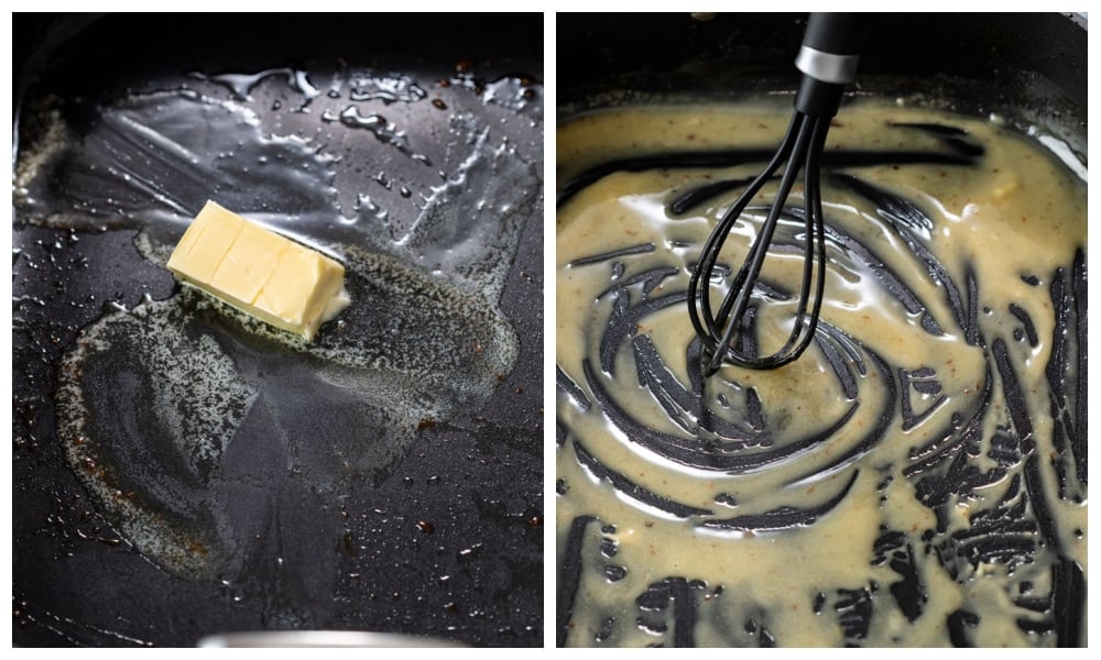 Melted butter in a roasting pan with flour being added to make a roux.