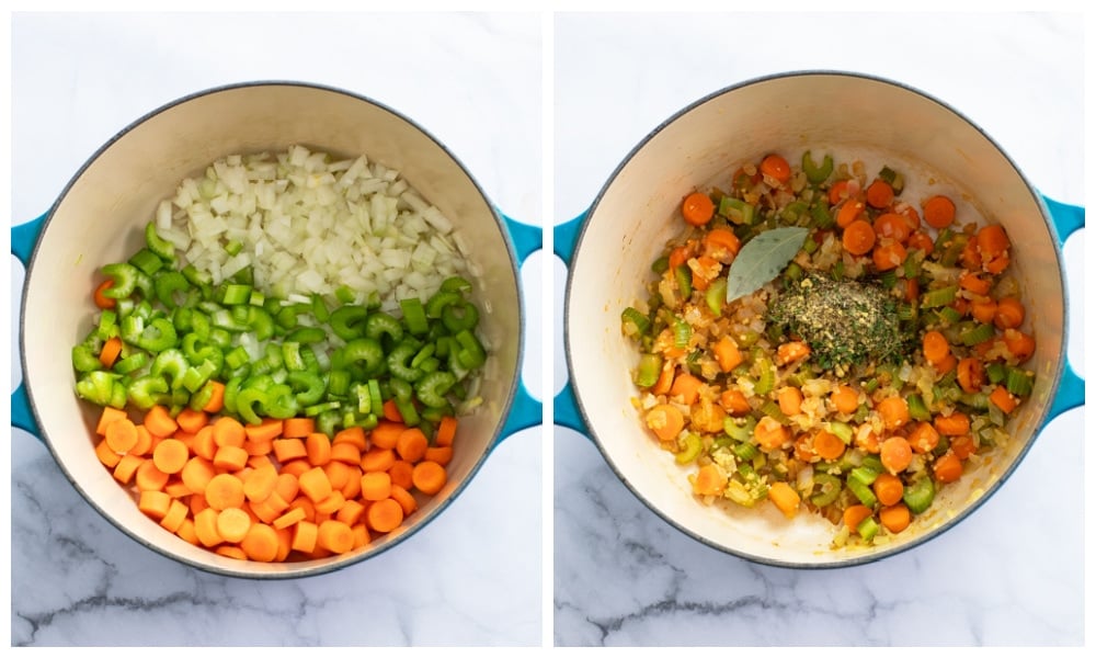 Mirepoix in a pot before and after cooking with a bay leaf and seasonings being added.