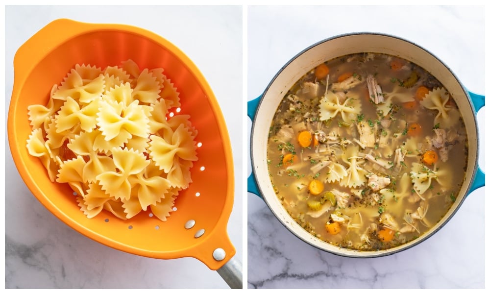 A colander with cooked bowtie noodles next to a pot with turkey soup.