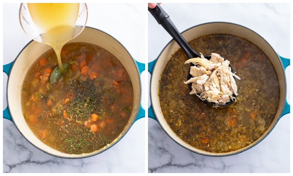 Adding broth and turkey to a soup pot to make turkey soup.