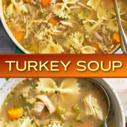 A collage of Turkey Soup in a soup pot and in a bowl.