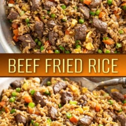 A collage of Beef Fried Rice in a skillet with vegetables, beef, and green onions.