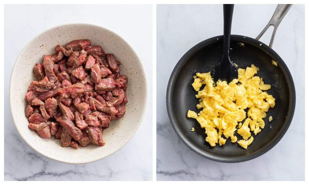 A bowl of uncooked slices of beef next to a skillet of scrambled eggs.