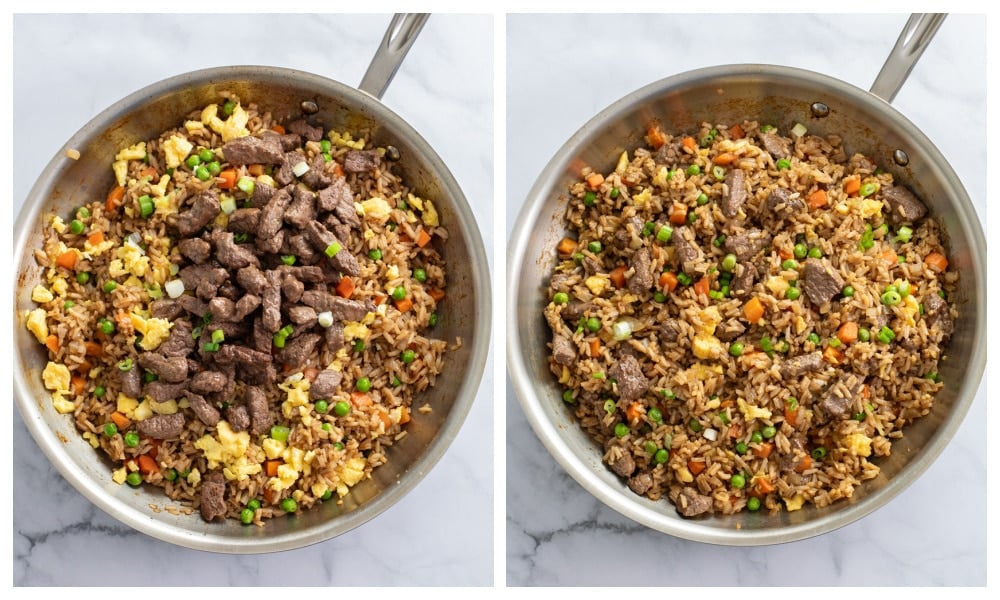 Adding beef and scrambled eggs to a skillet of beef fried rice.