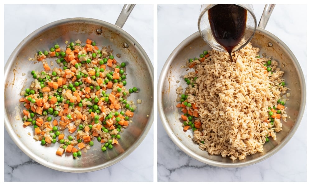 A skillet of onions, peas, and carrots next to a skillet of cooked rice with sauce being added.