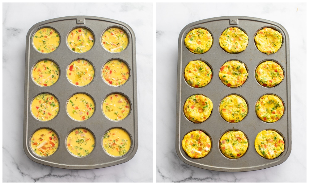 Egg Muffins in muffin tins before and after baking.