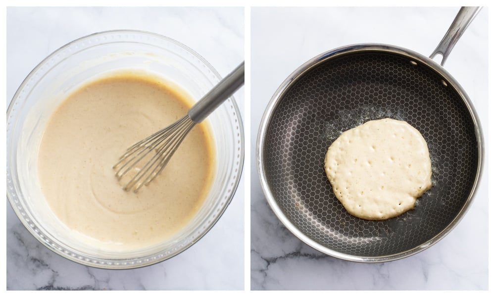 A bowl of pancake batter next to a skillet with a pancake cooking in a skillet.