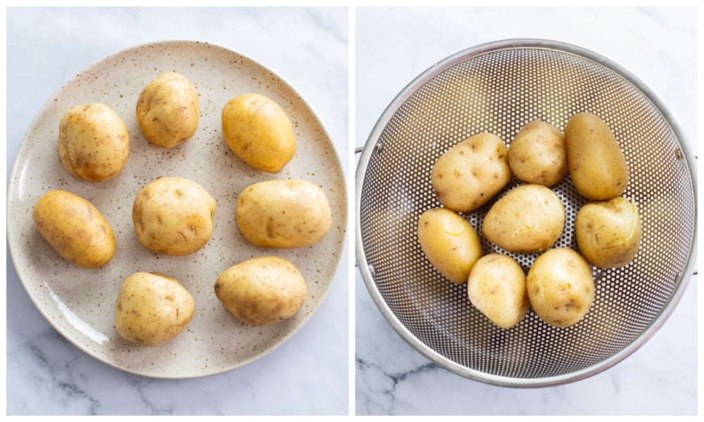 A plate with uncooked Yukon Gold potatoes next to cooked potatoes in a colander.