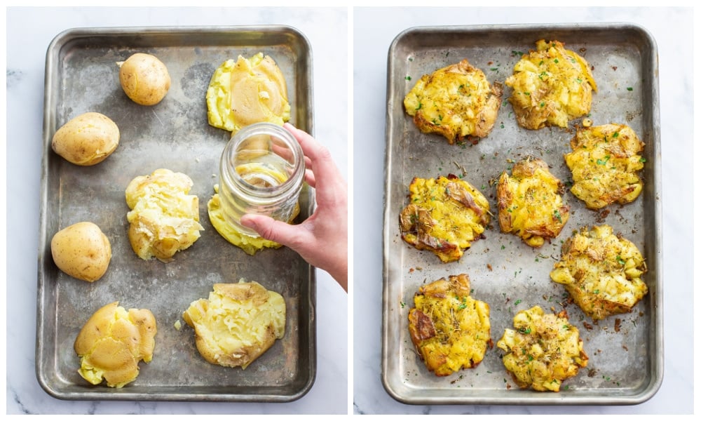 Smashed Potatoes on a baking sheet before and after roasting.