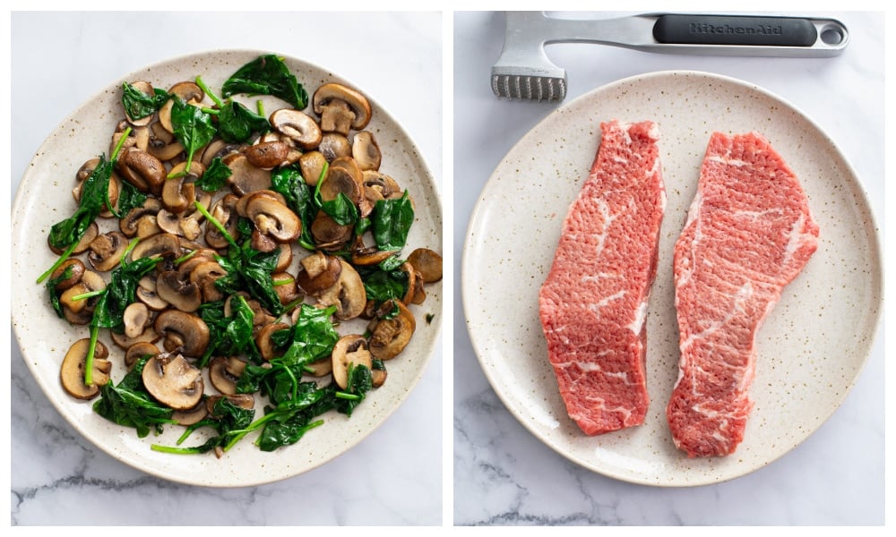 A plate of cooked mushrooms and spinach next to a plate with tenderized strip steak.
