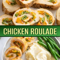 A collage of Chicken Roulade stacked up on a plate and next to a pile of mashed potatoes.
