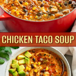 A collage of Chicken Taco Soup in a red soup pot and in a bowl.