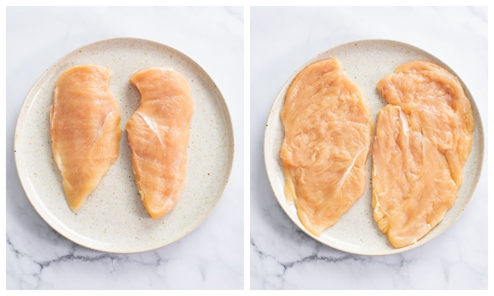 Chicken Breast on a plate before and after being pounded thin.