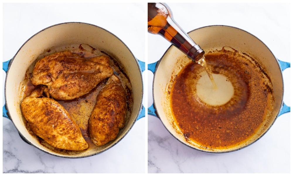 Cooking Chicken in a soup pot and deglazing with beer.