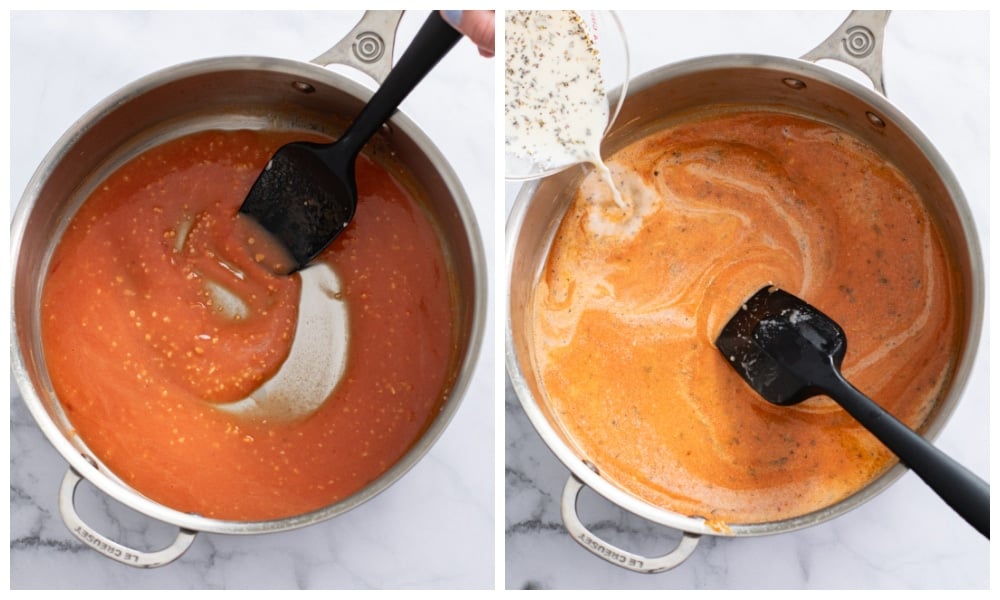 Making a creamy tomato sauce in a skillet with a silicone spatula stirring the ingredients.