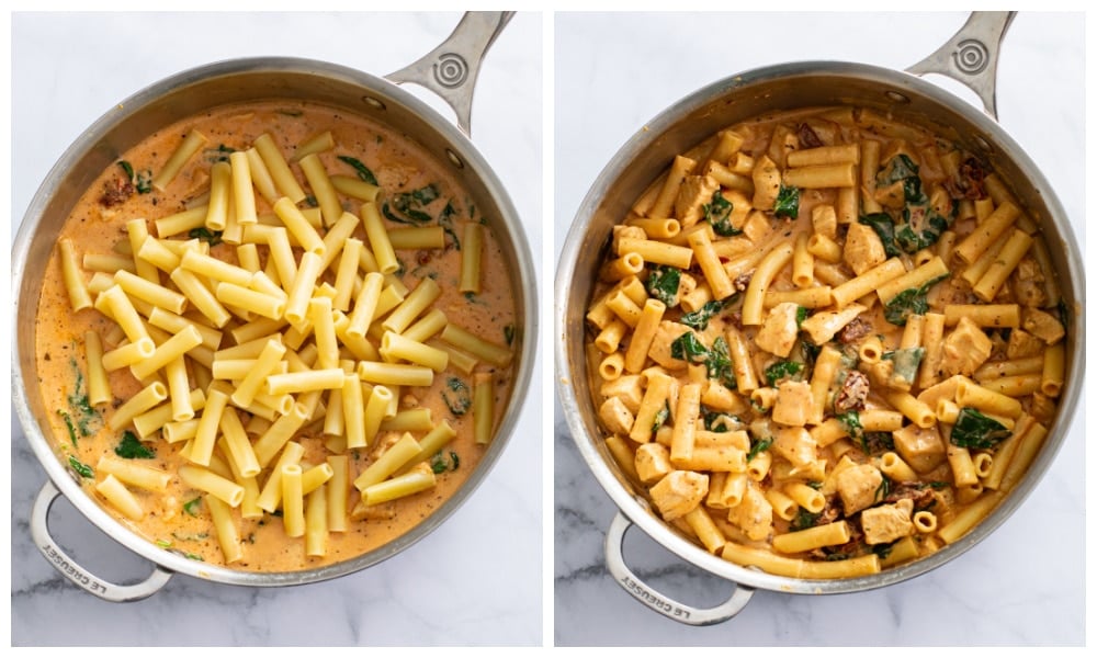Adding penne pasta to a skillet of tomato cream sauce for Marry Me Chicken.