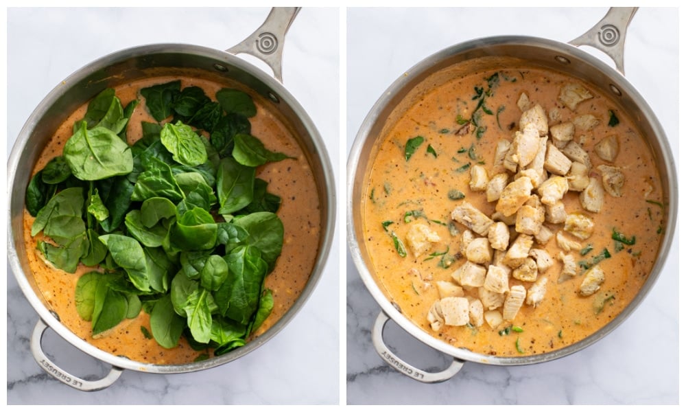 Adding spinach and chicken to a skillet of creamy tomato sauce.