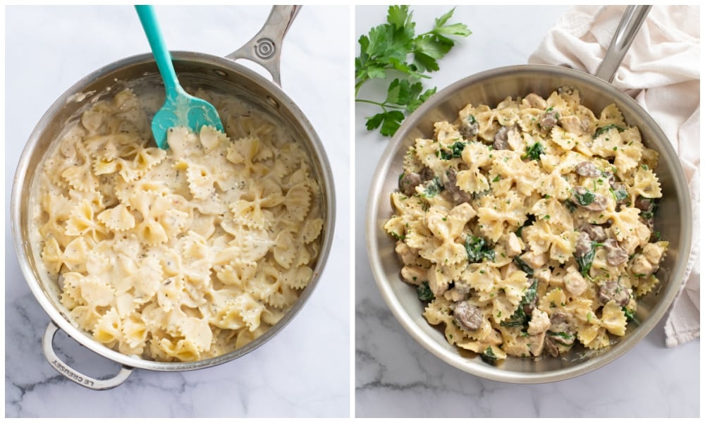 Adding farfalle pasta to a cream sauce along with chicken, mushrooms, and spinach.