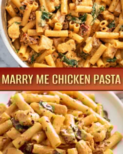 A collage of Marry Me Chicken Pasta in a pot and in a serving bowl.