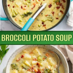 A collage of Broccoli Potato Soup in a soup pot and in a soup bowl.