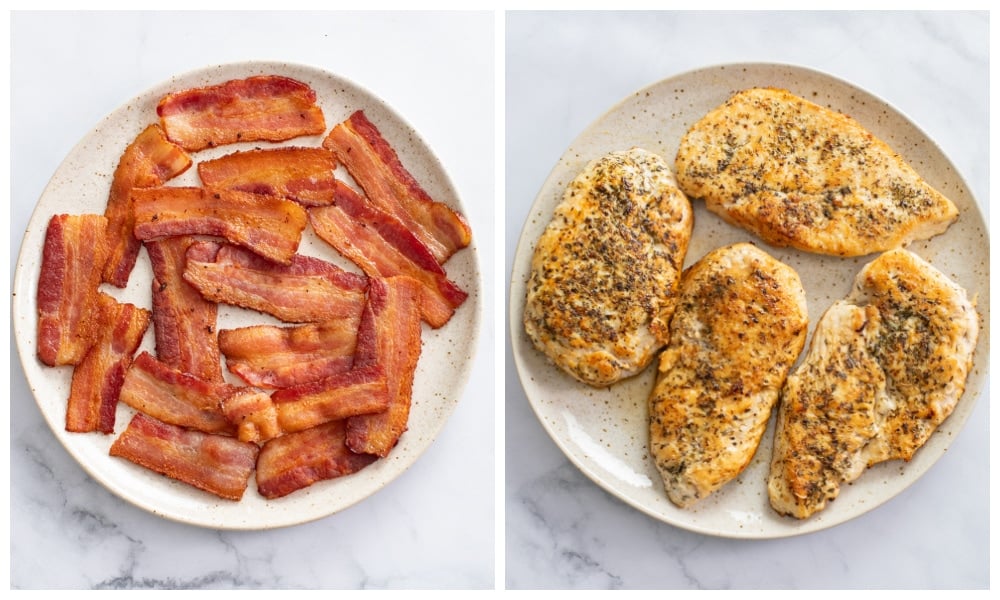 A plate of cooked bacon next to a plate of seared chicken.