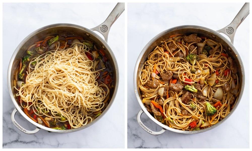 Adding lo mein to a skillet of sauce, beef, and vegetables.