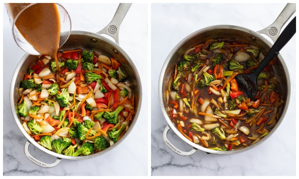 Adding sauce to a skillet with mixed vegetables and thickening it to make Lo Mein.