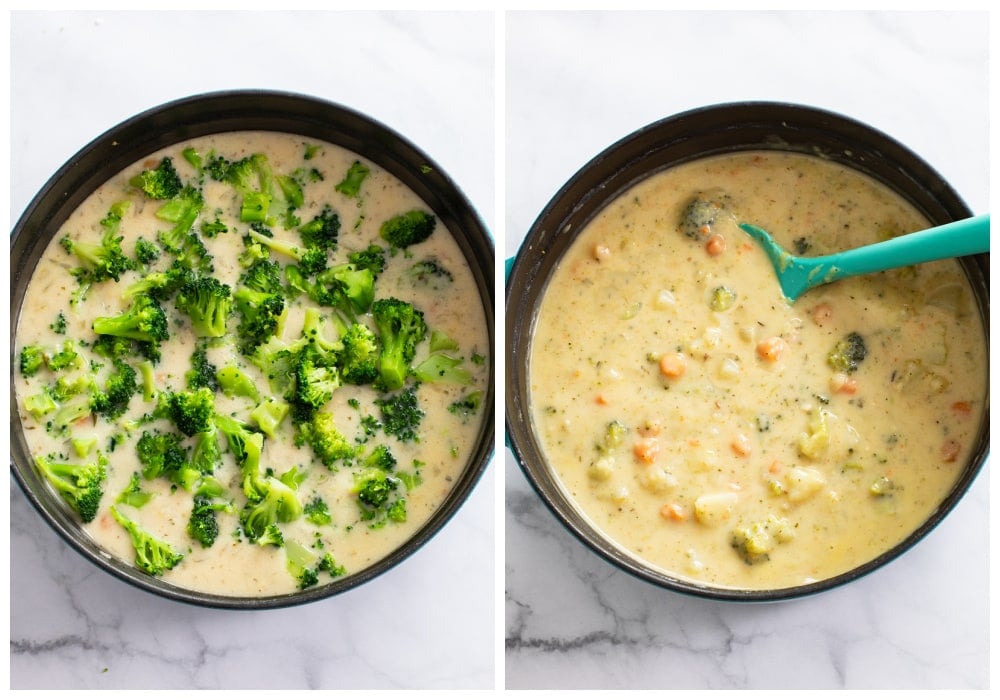 Adding broccoli to a soup pot for broccoli potato soup.