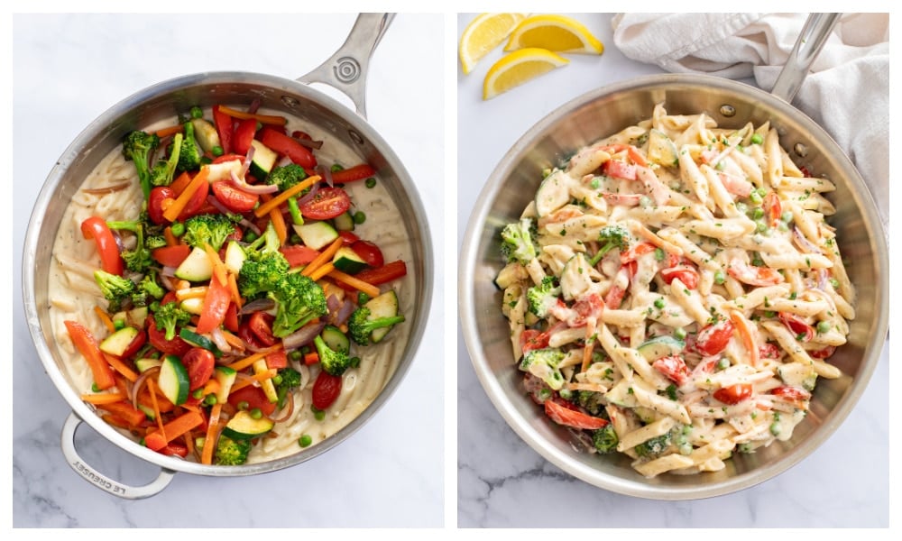 Adding cooked vegetables to a skillet of pasta primavera.