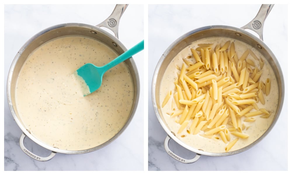 Adding penne pasta to a cream sauce for pasta primavera.