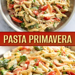 Pasta Primavera in a skillet with penne, cream sauce, and vegetables.