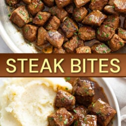 A collage of Steak bites in a skillet and on a plate.