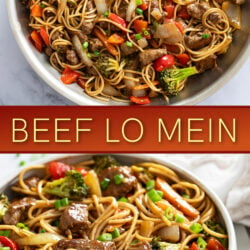 A collage of Beef Lo Mein in a skillet and in a bowl.