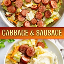 A collage of Cabbage and Sausage in a skillet and on a plate.