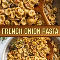 A collage of French Onion Pasta in a skillet with a wooden spoon.