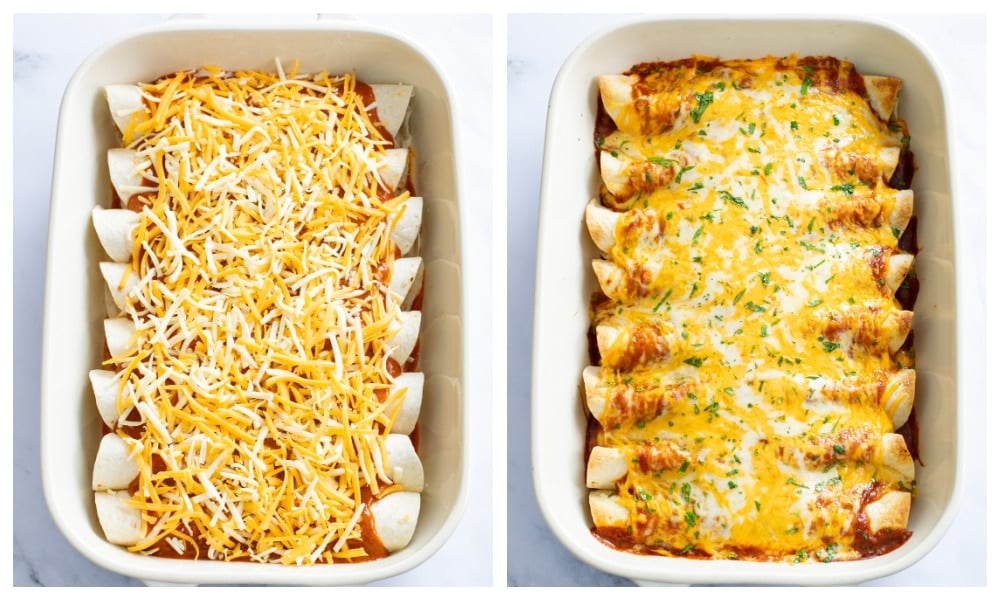 Chicken Enchiladas in a baking dish before and after being baked.