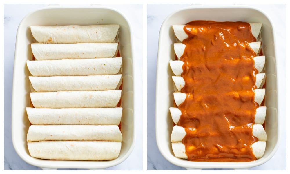 Rolled Chicken Enchiladas in a baking dish before and after being topped with enchilada sauce.