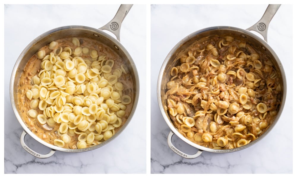 Adding orecchiette pasta to a skillet of French onion sauce and stirring to combine.
