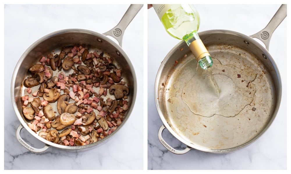 A skillet of sauteed mushrooms and pancetta next to a skillet being deglazed with white wine.